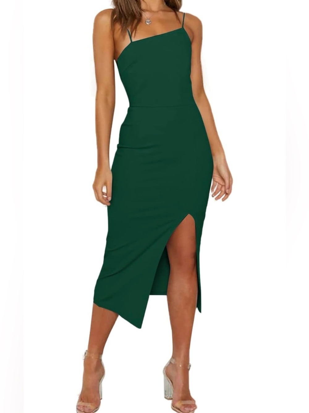 One-Shoulder Midi Dress with Side Slit in Emerald Green